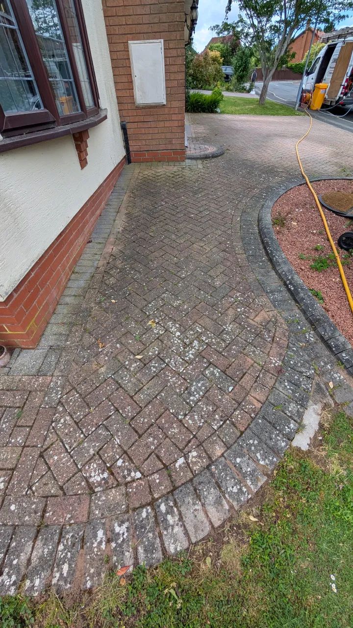 Mosbelagt indkørsel af klinker, før højtryksrensning
